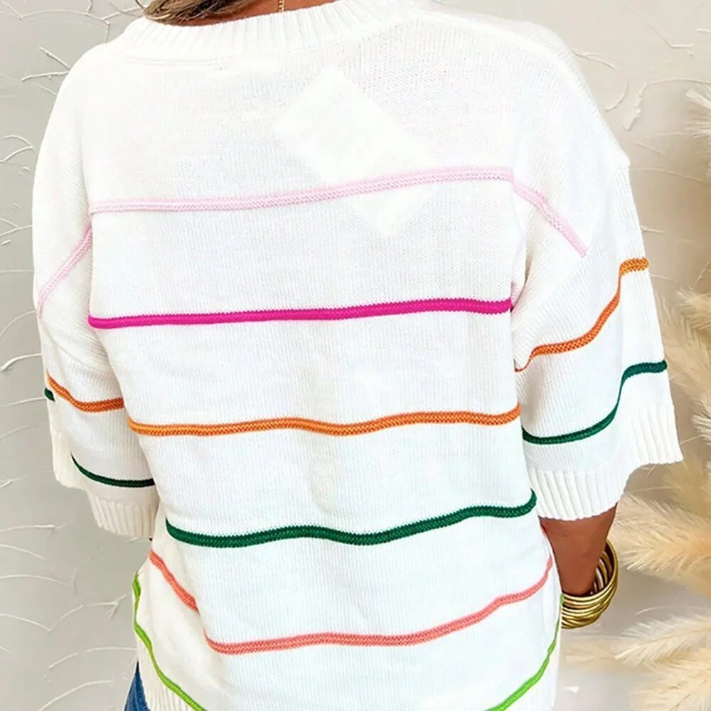 Multicolor Casual Women's Stripe Pattern Batwing 3/4 Sleeve Loose Sweater - Picture 2 of 9